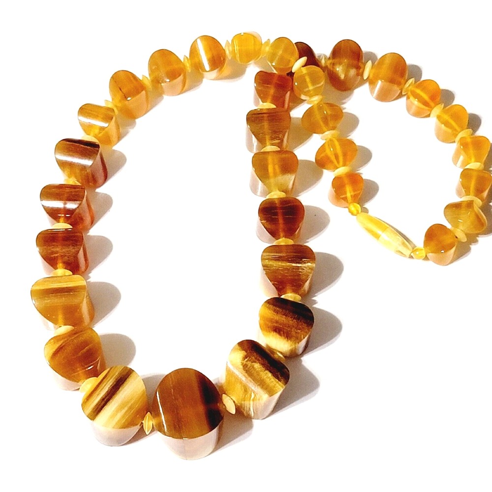 Vintage Yellow Amber Necklace Banded Beaded Chunky Honey Retro TN